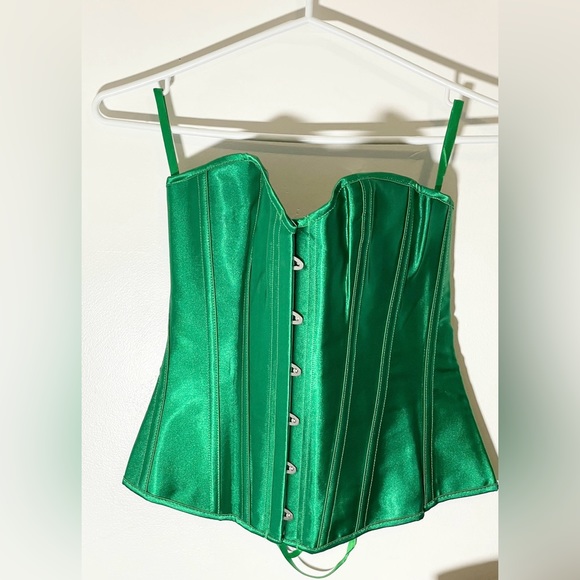 Sz 2pc M Chicastic Emerald Green Satin Sexy Strong Boned Corset Lace Up &Thong - Picture 3 of 6
